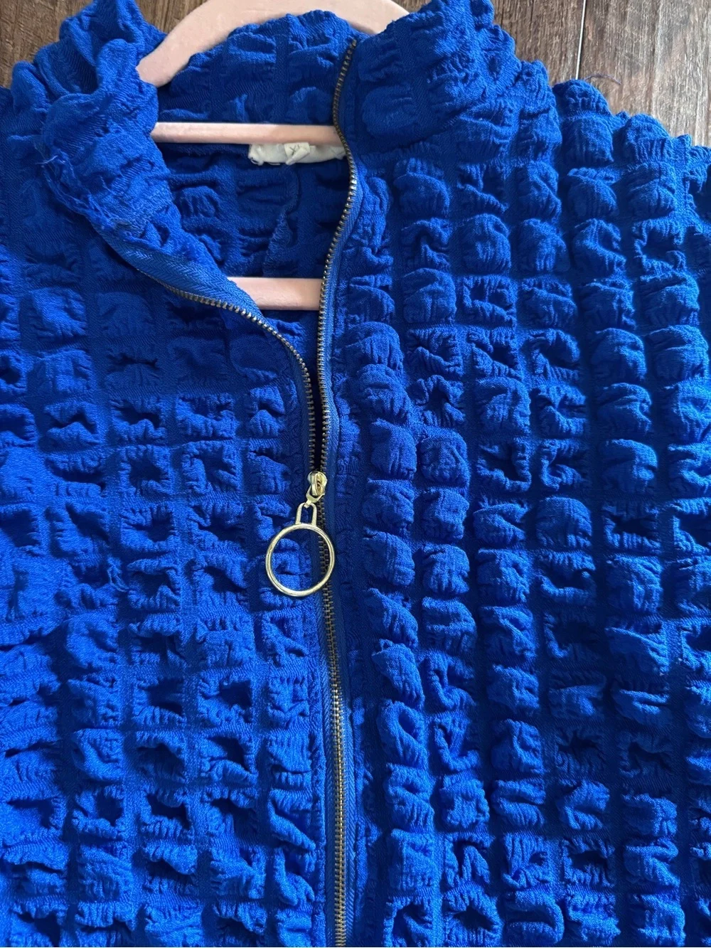 Textured Zip-Front Royal Blue Romper Jumpsuit - Picture 3 of 8